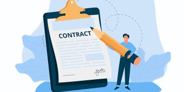 Business contract illustration. Character signing legal document, electronic contract or agreement online. People reading contract terms and conditions. Vector illustration.