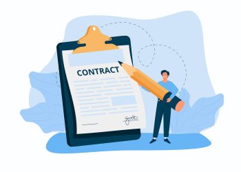Business contract illustration. Character signing legal document, electronic contract or agreement online. People reading contract terms and conditions. Vector illustration.