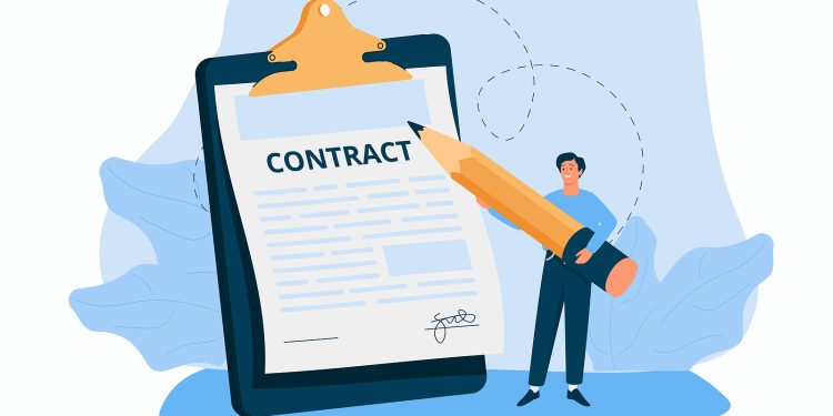 Business contract illustration. Character signing legal document, electronic contract or agreement online. People reading contract terms and conditions. Vector illustration.